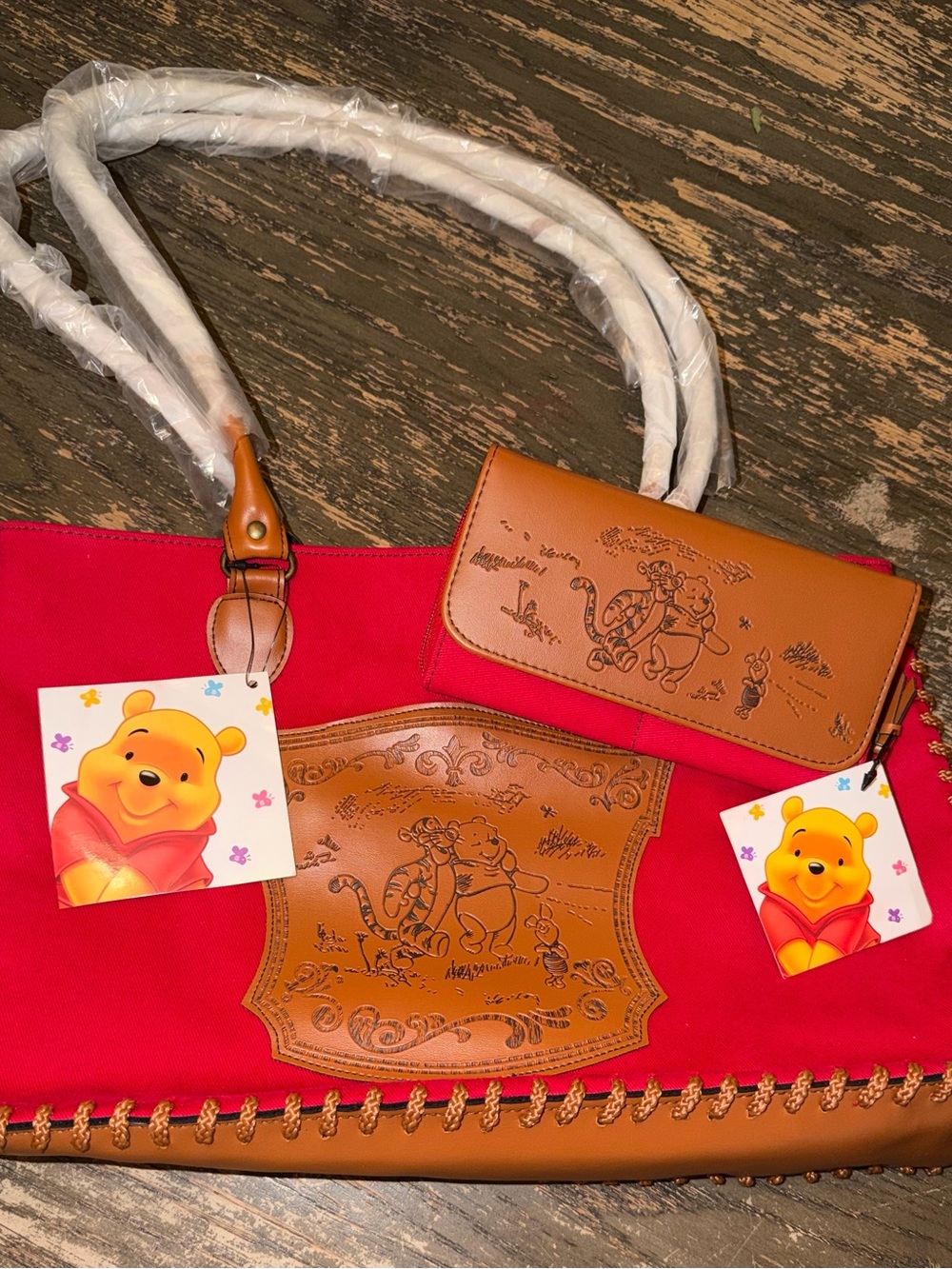 NWT Vintage Disney Winnie The Pooh Red Tote Bag & Matching Wallet Set Avon